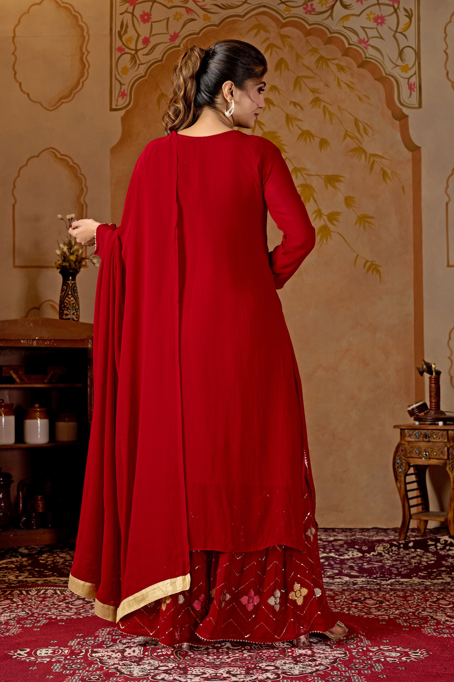 Red Straight Suit Ghara Set With Dupatta