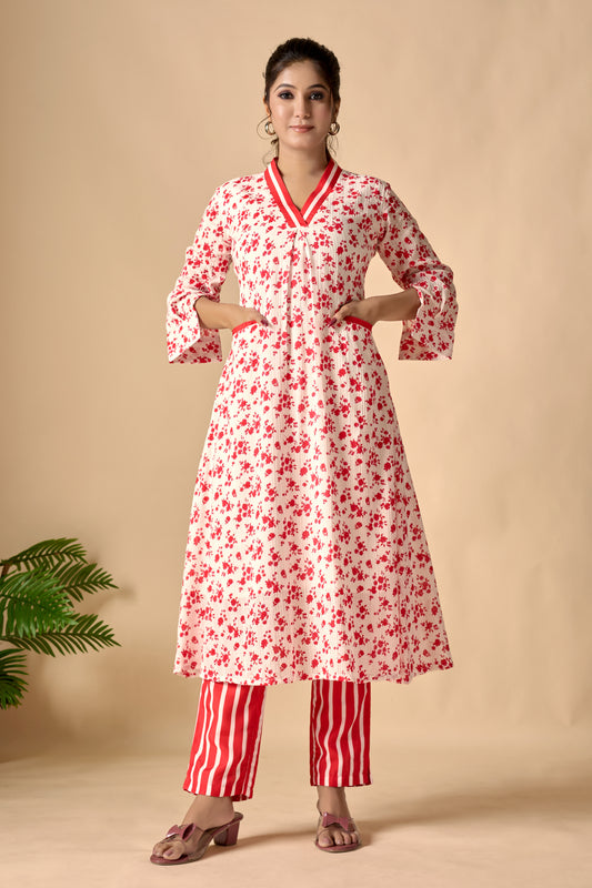 Red Pure Cotton Floral Printed A-line Kurta Set