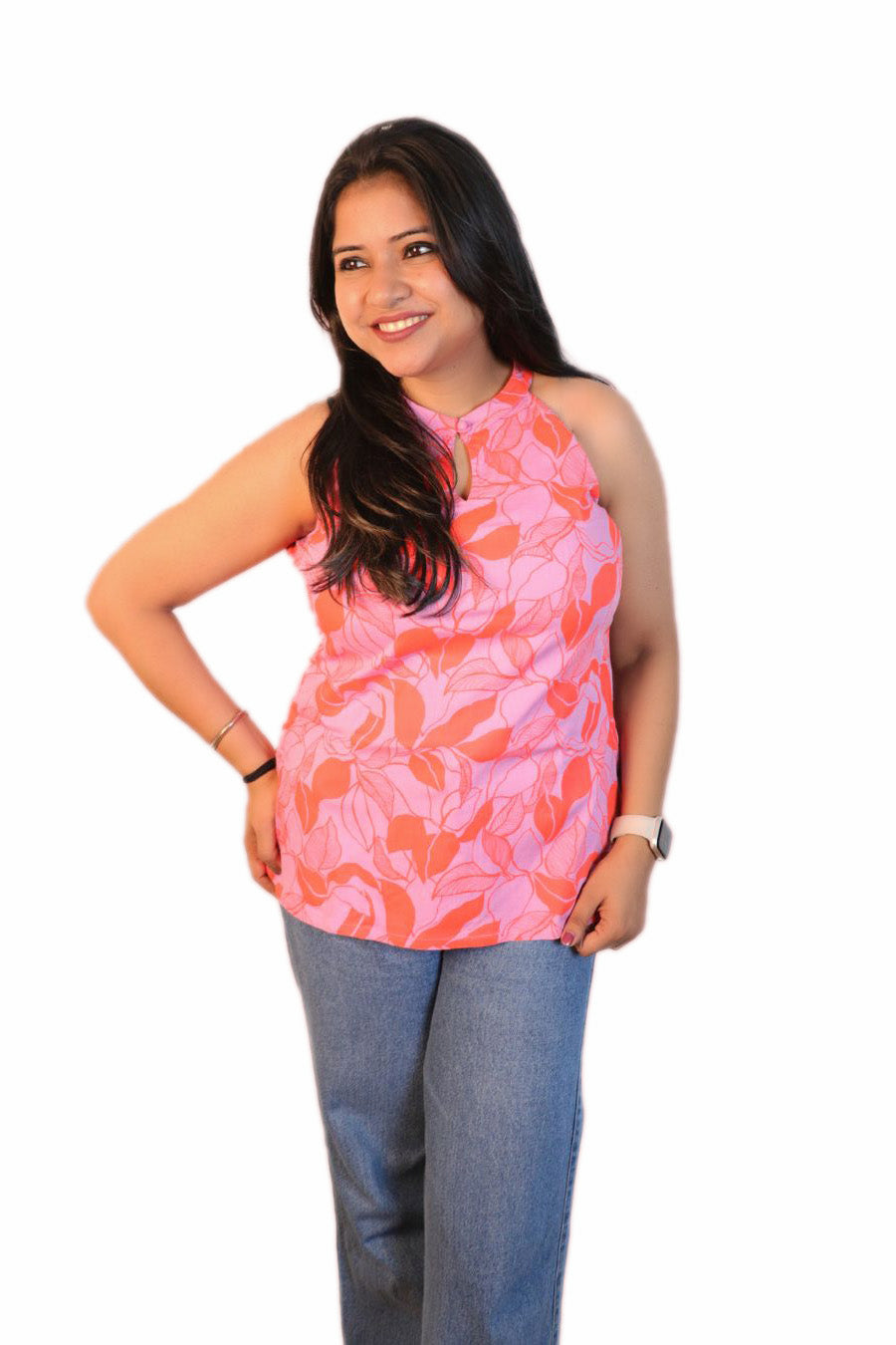 Maavish Women Pink and Orange Floral Printed Halter Neck Top with Tie-Up