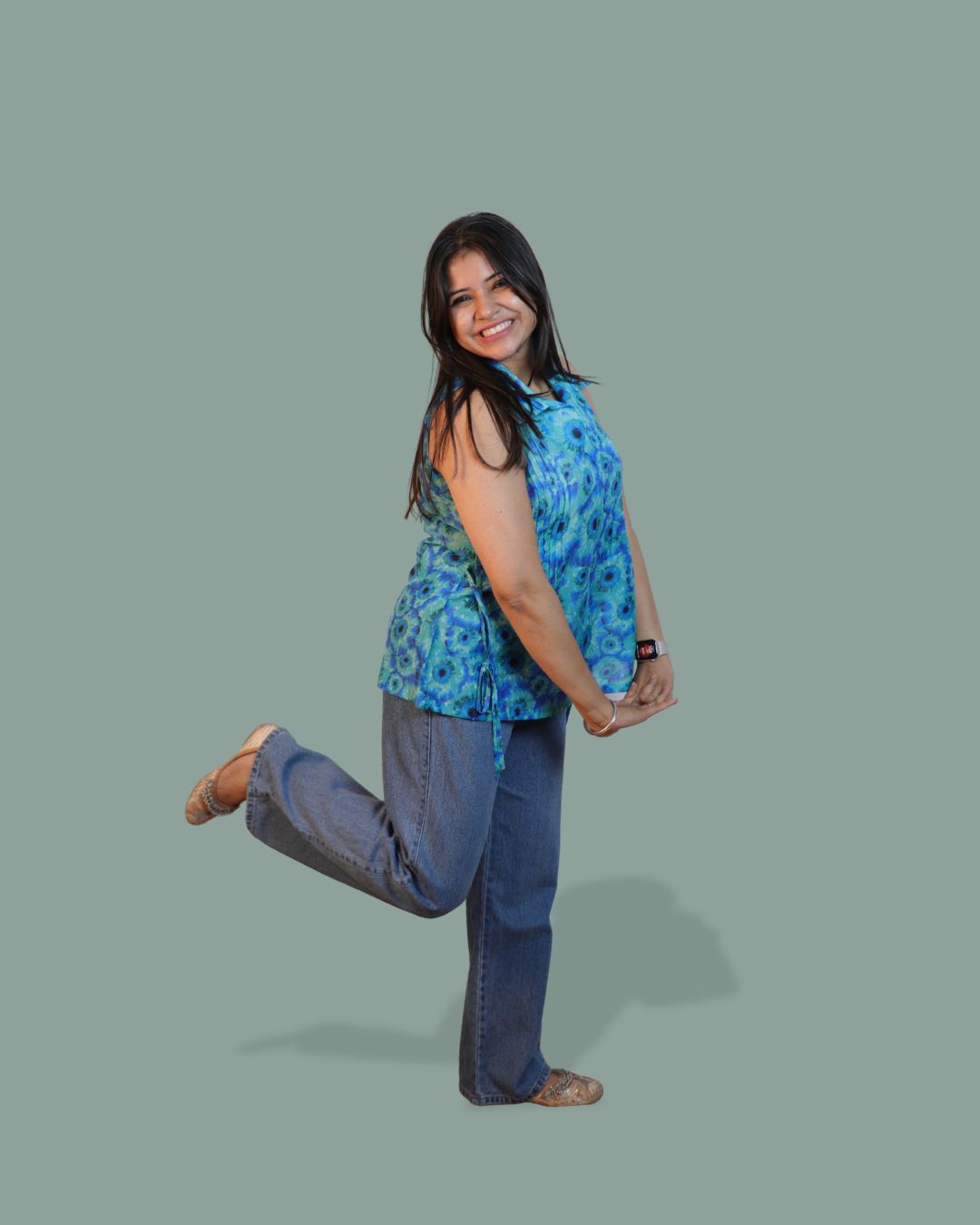 Blue Floral Print Short Kurta Sleeveless