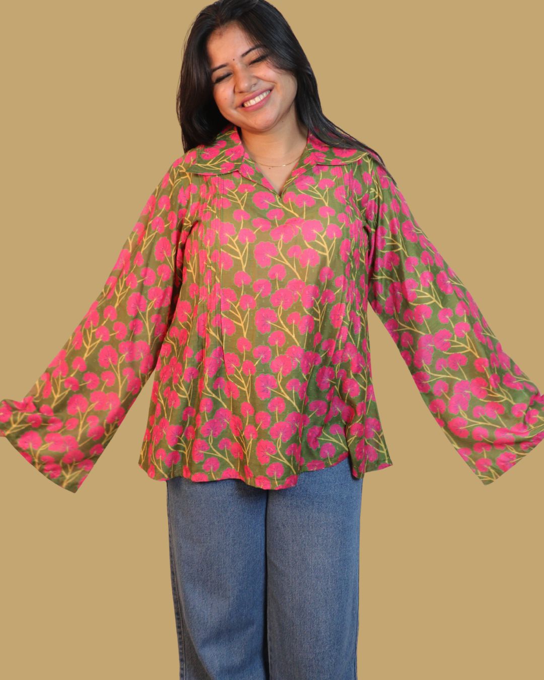 Green And Pink Floral Print Short Kurta Retro Sleeve