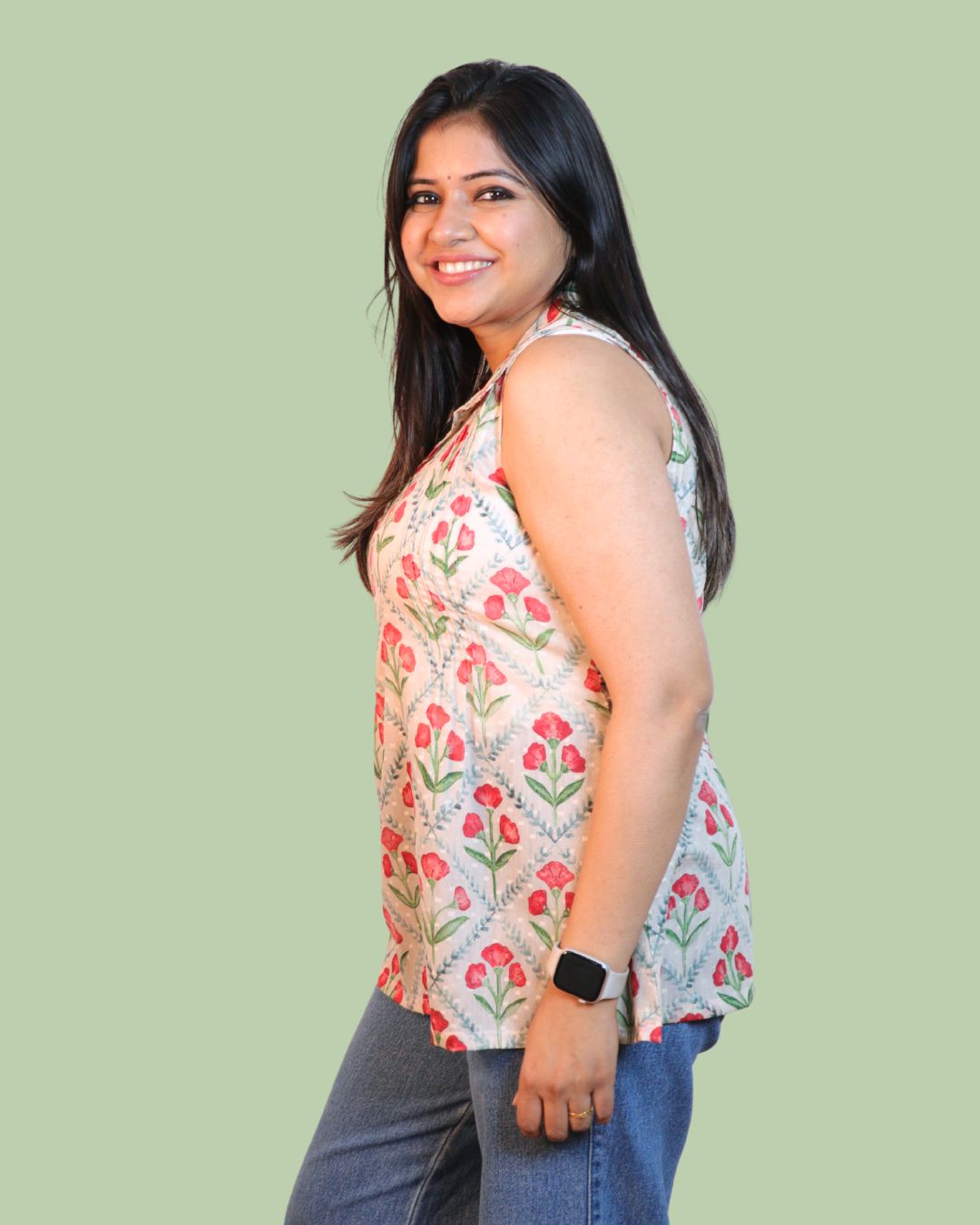 White and Red Floral Print Short Kurta Sleeveless