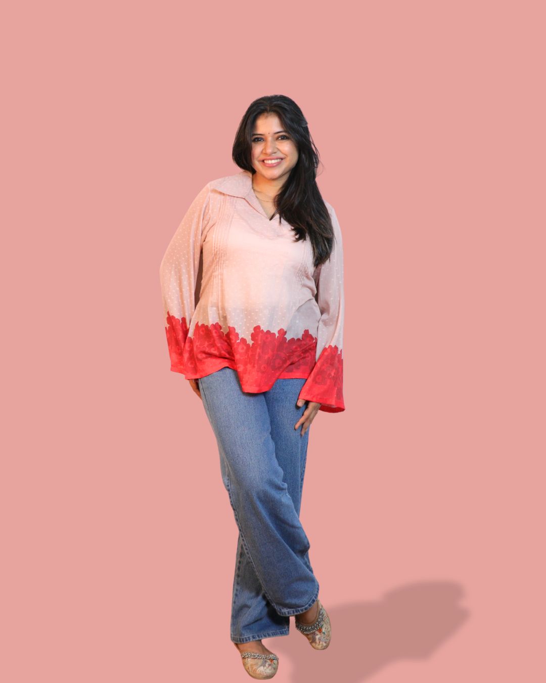 Salmon Red Floral Print Short Kurta Retro Sleeve