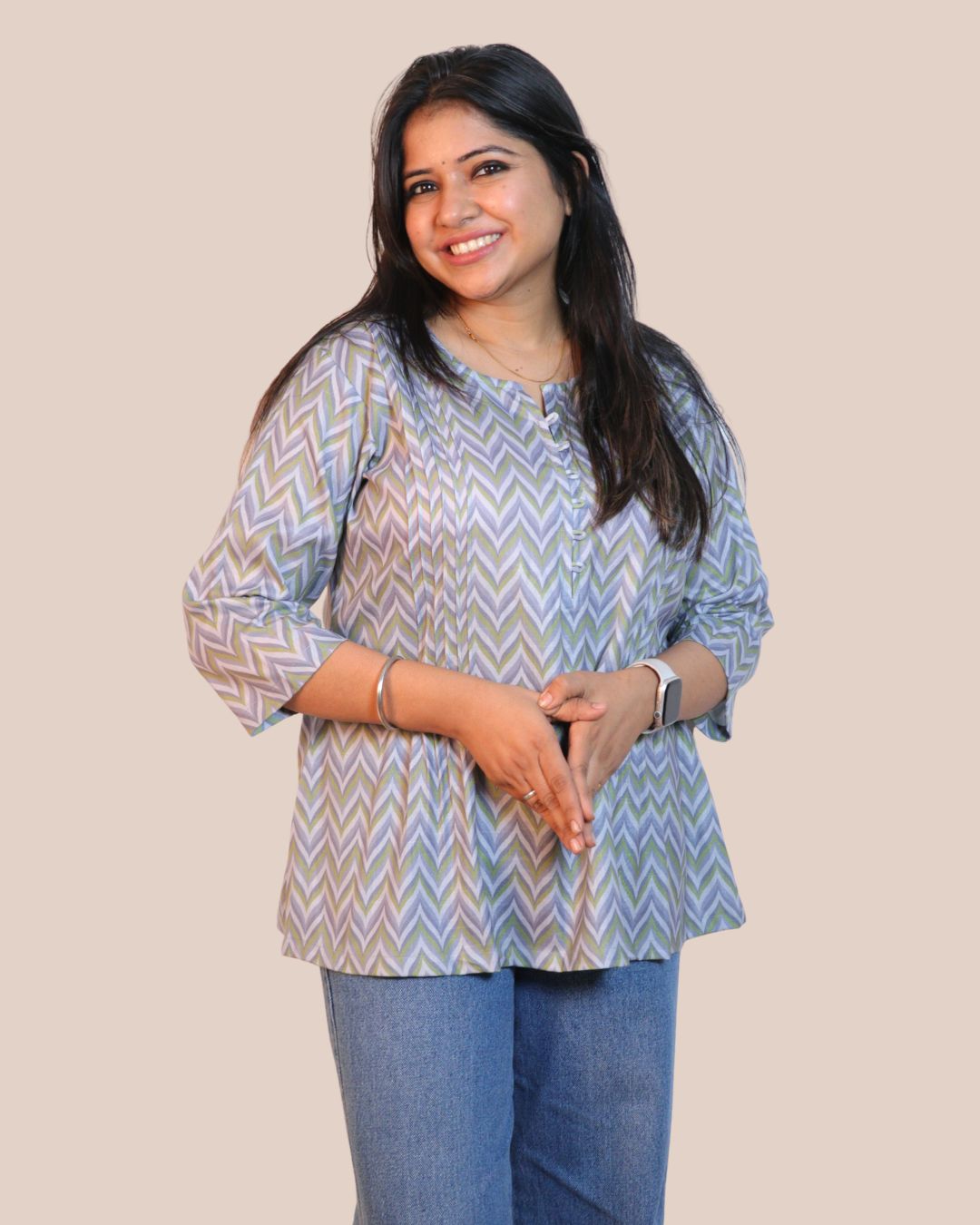 Grey Chevron Printed Short Kurti 3/4