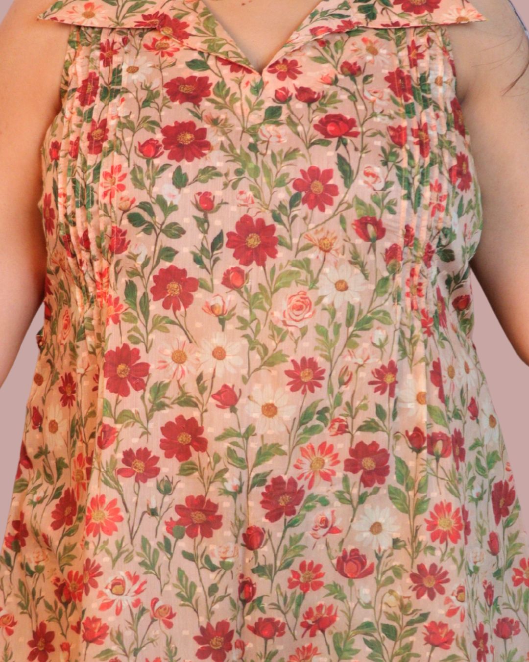Brown and Red Floral Print Short Kurta Sleeveless
