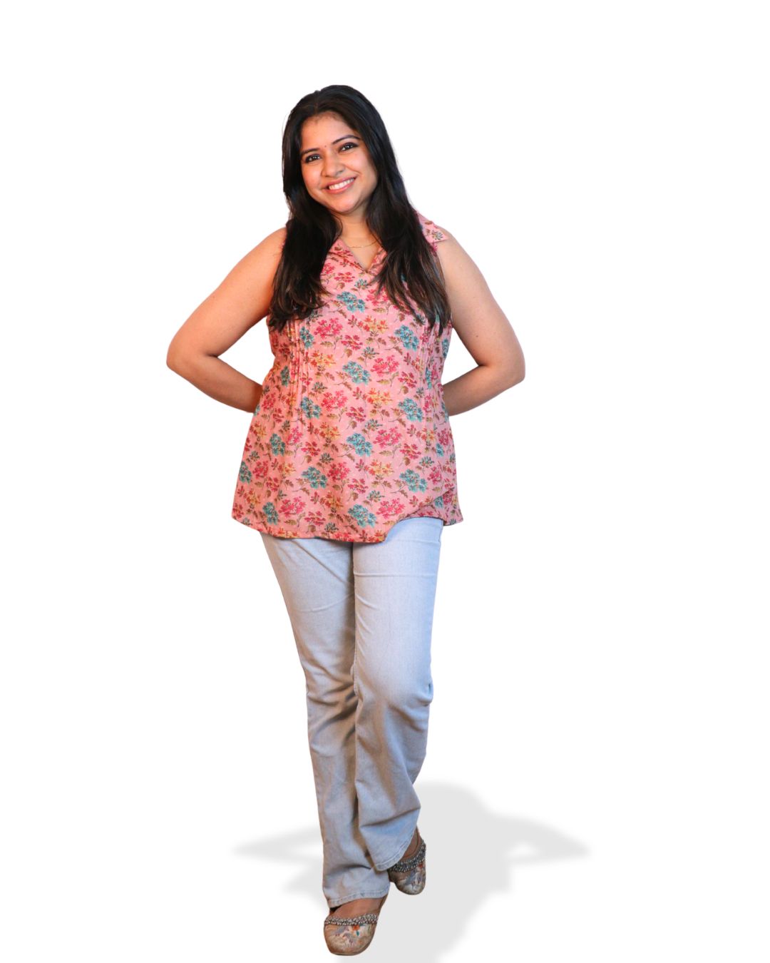 Salmon and Red Floral Print Short Kurta Sleeveless