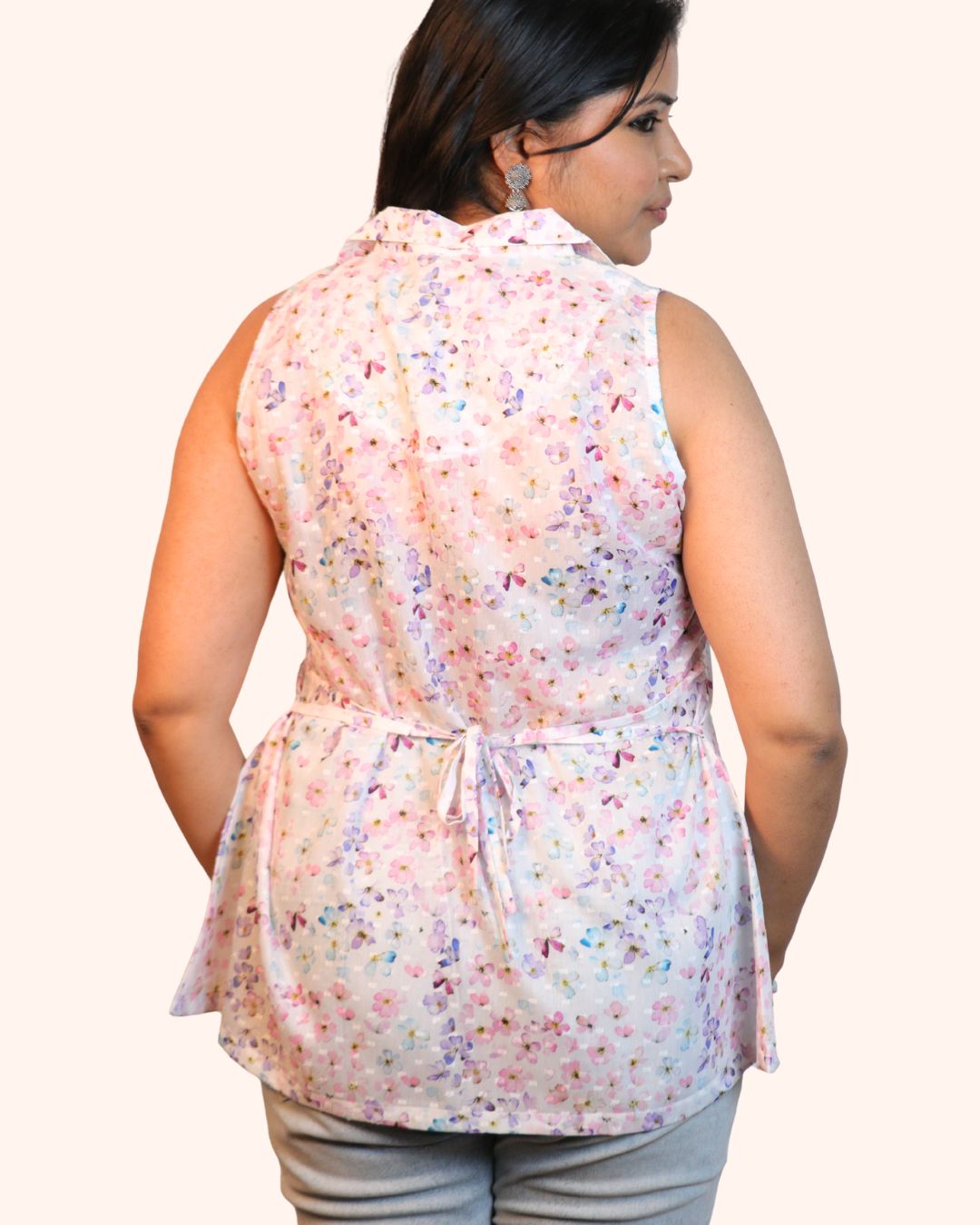 White and Purple Floral Print Short Kurta Sleeveless