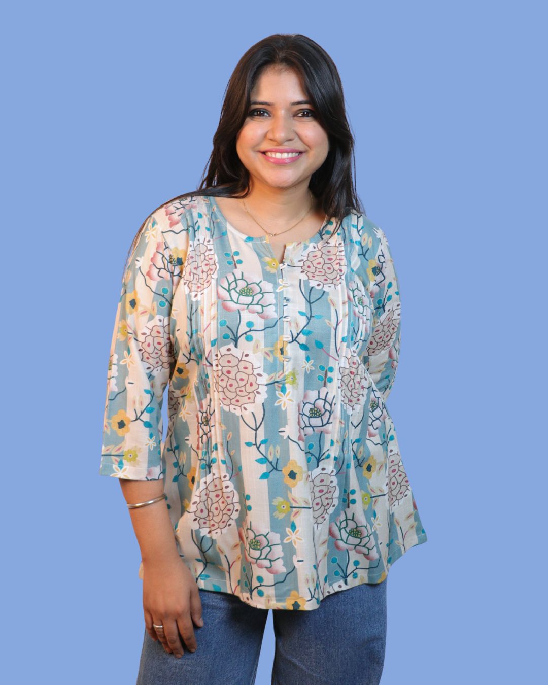 Blue Floral Stripe Printed Short Kurti 3/4