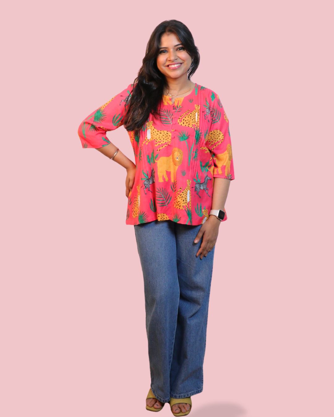 Pink Jungle Printed Short Kurti 3/4