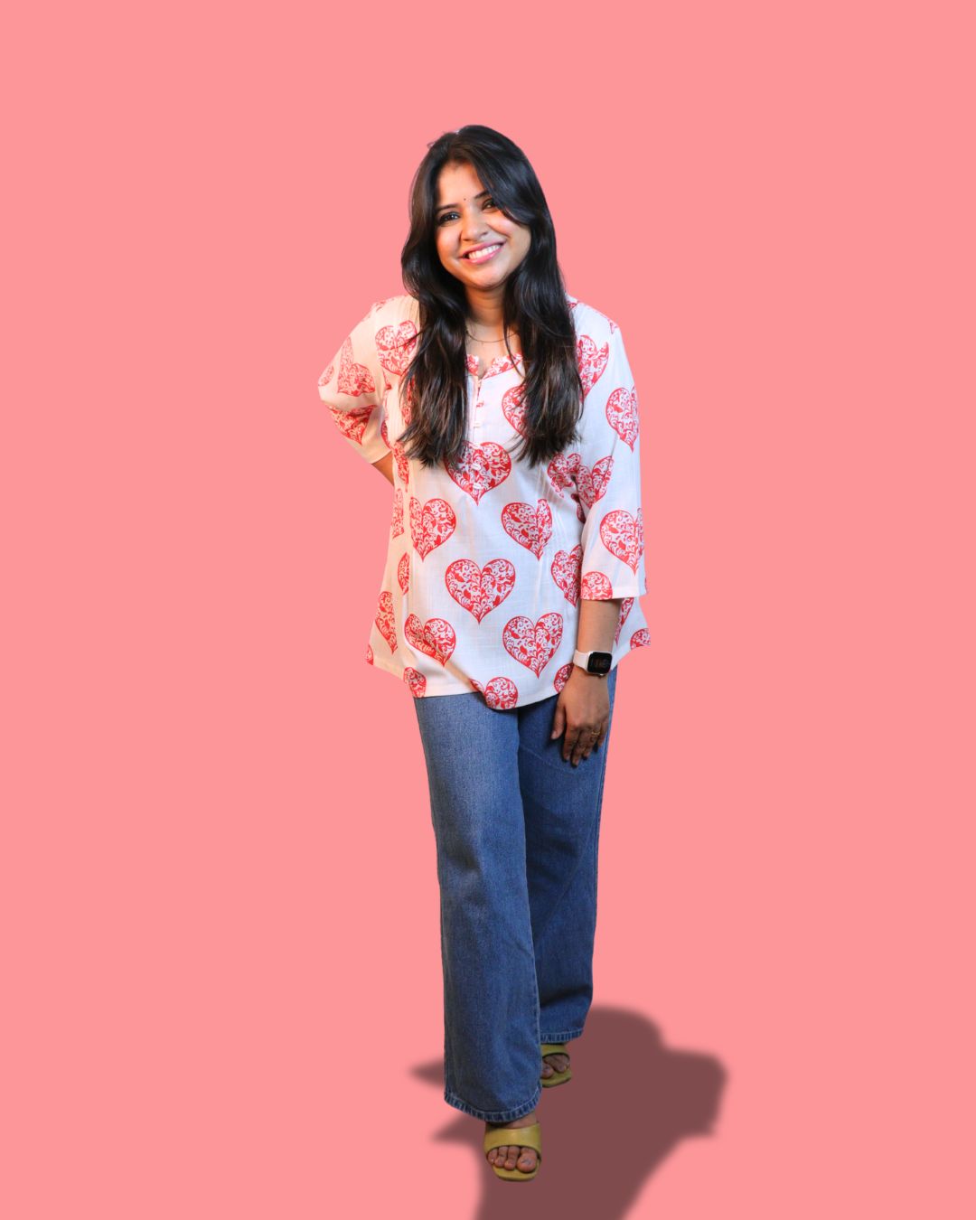 White and Pink Heart Printed Short Kurti 3/4