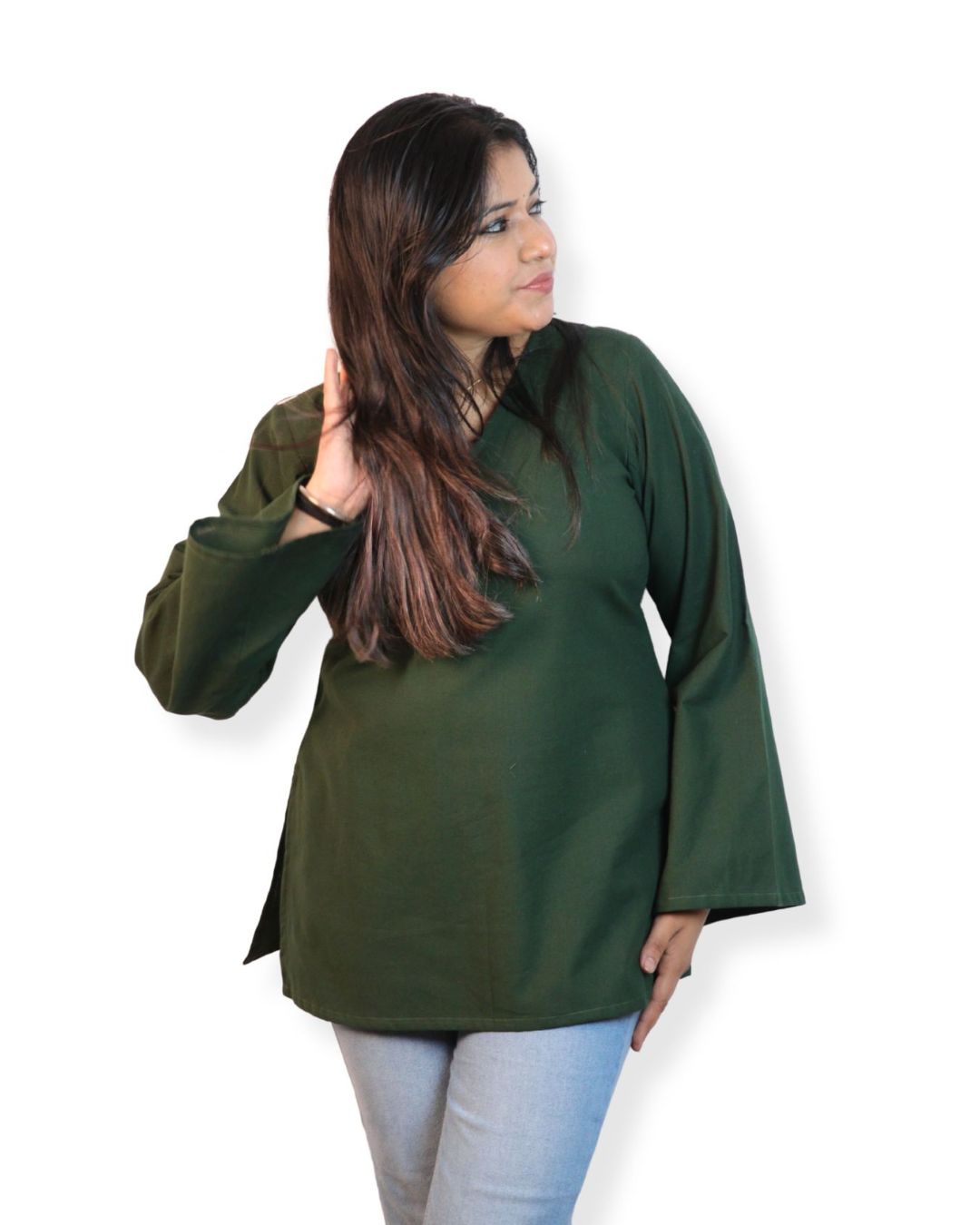 Solid Teal Green Bell Sleeve Short Kurta