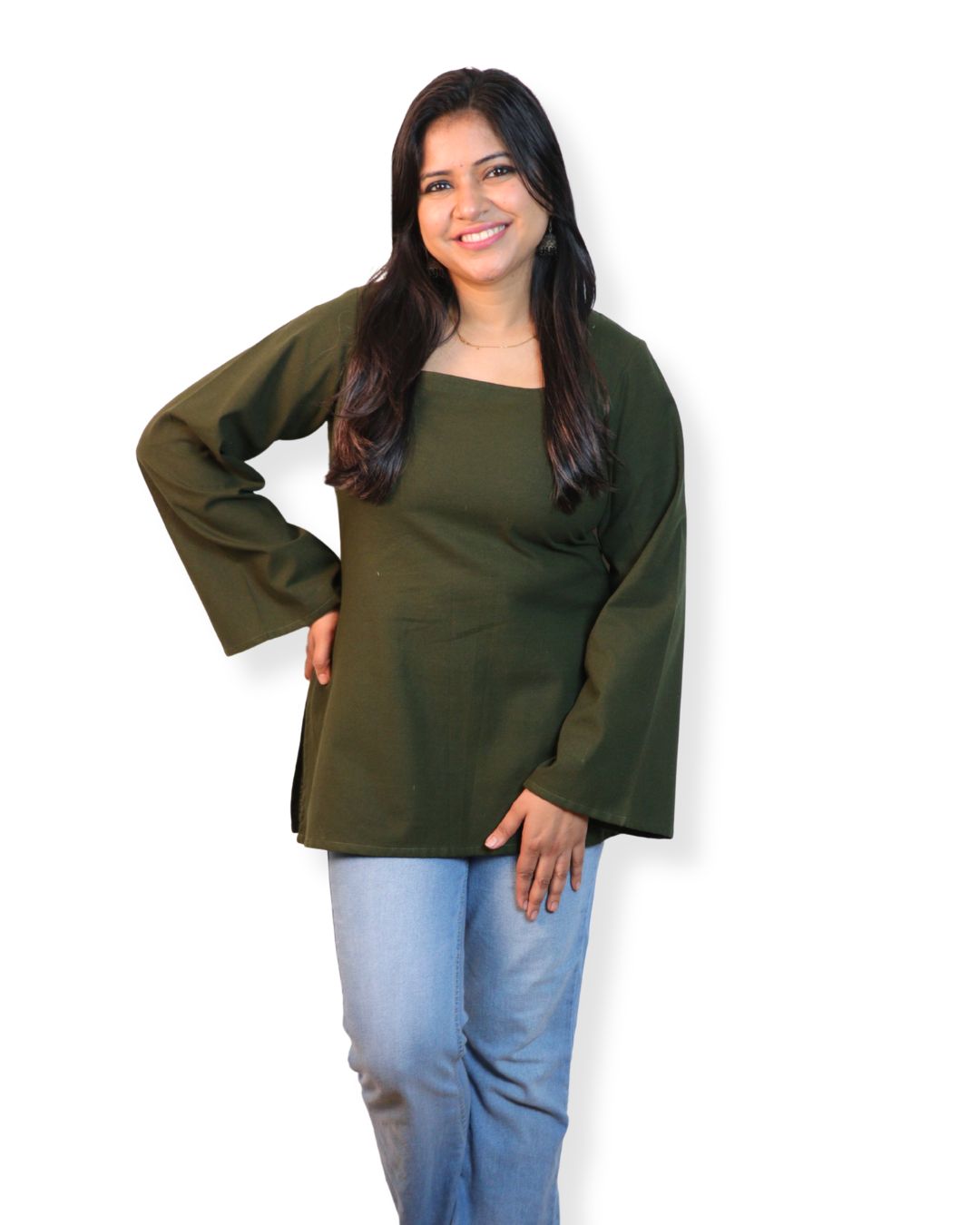 Solid Dark Green Bell Sleeve Short Kurta