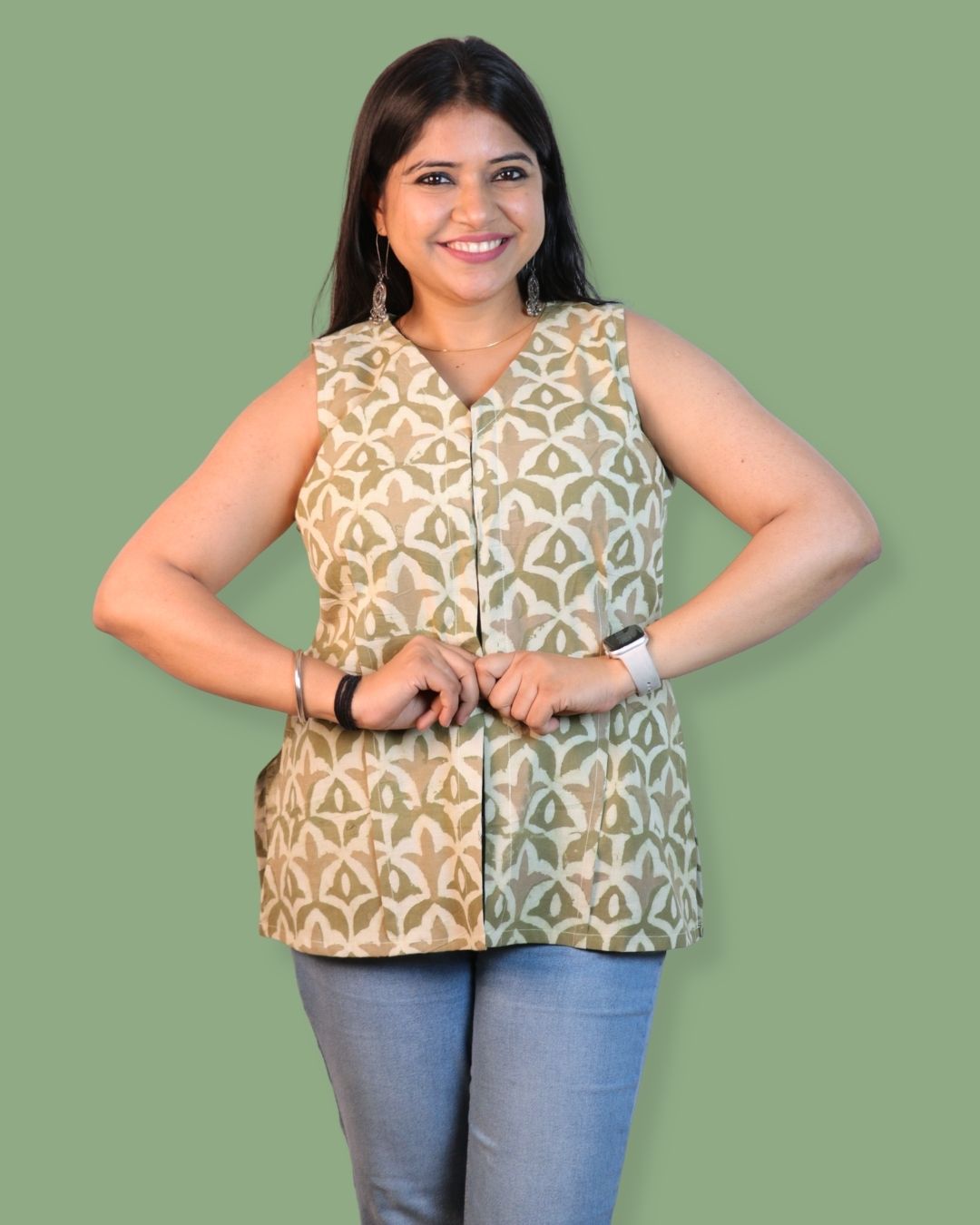 Block Print Cotton Sleeveless, front-slit peplum tunic