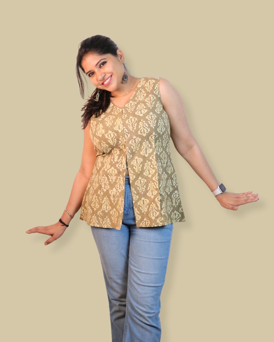 Block Print Green Cotton Sleeveless, front-slit peplum tunic