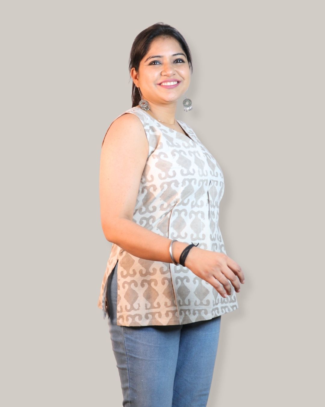 Block Print Grey Cotton Sleeveless, front-slit peplum tunic