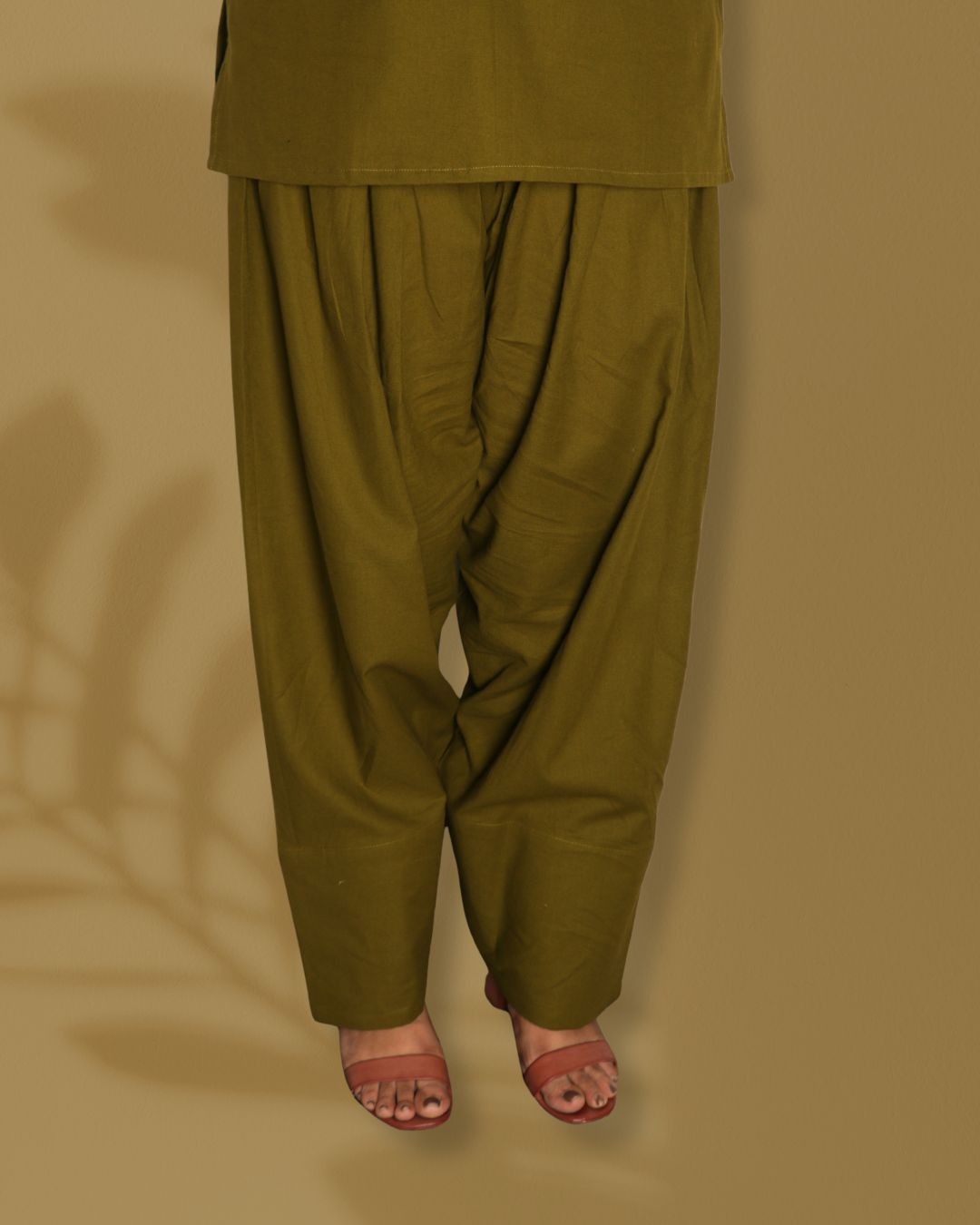 Solid Olive Green Sleeveless Pharsi Pant Kurti Set