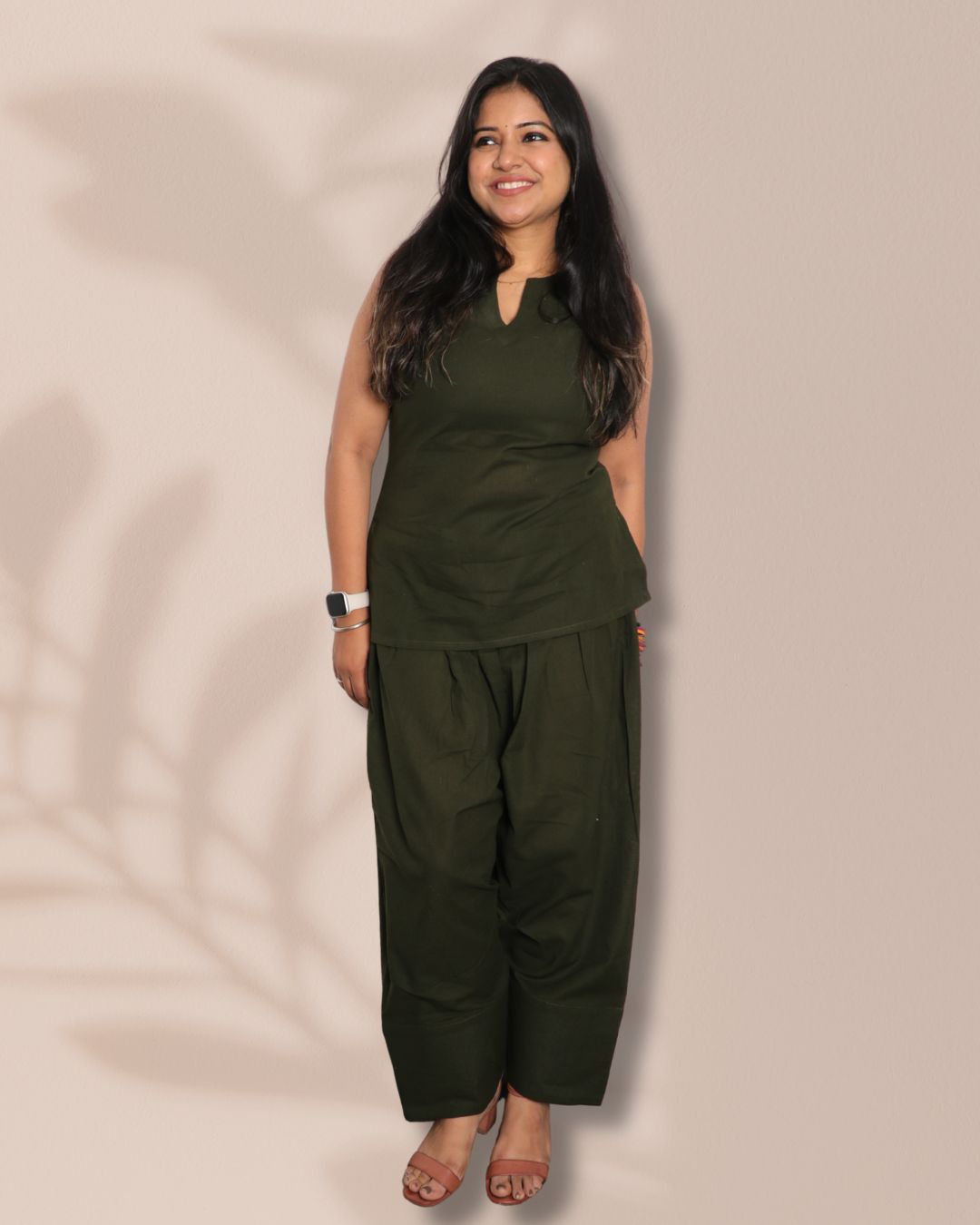 Solid Teal Green Sleeveless Kurti Pharsi Pant Set