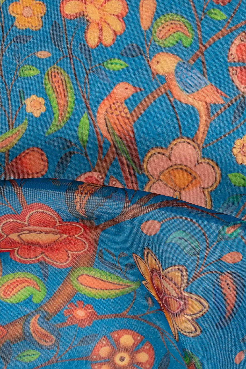 Maavish | Regal Peacock Digital Print Poly-Linen Saree Blue