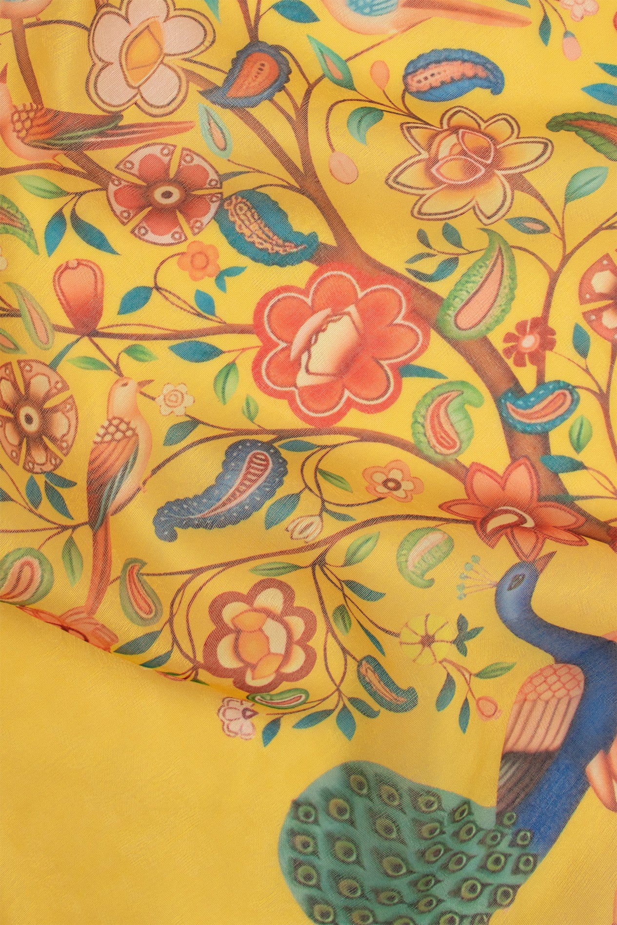 Maavish | Regal Peacock Digital Print Poly-Linen Saree Yellow