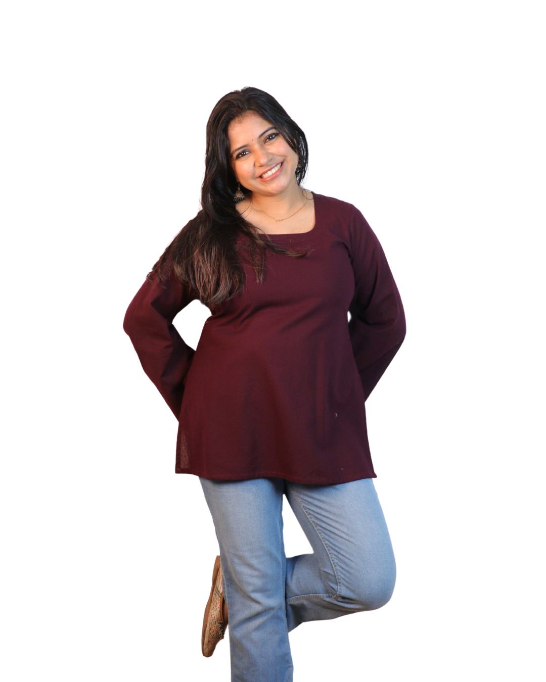 Solid Wine Bell Sleeve Short Kurta