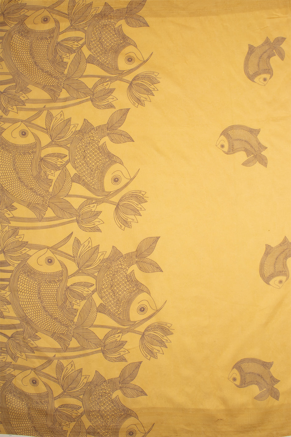Maavish | Kalamkari-Inspired Digital Fish Print Poly-Linen Saree Yellow