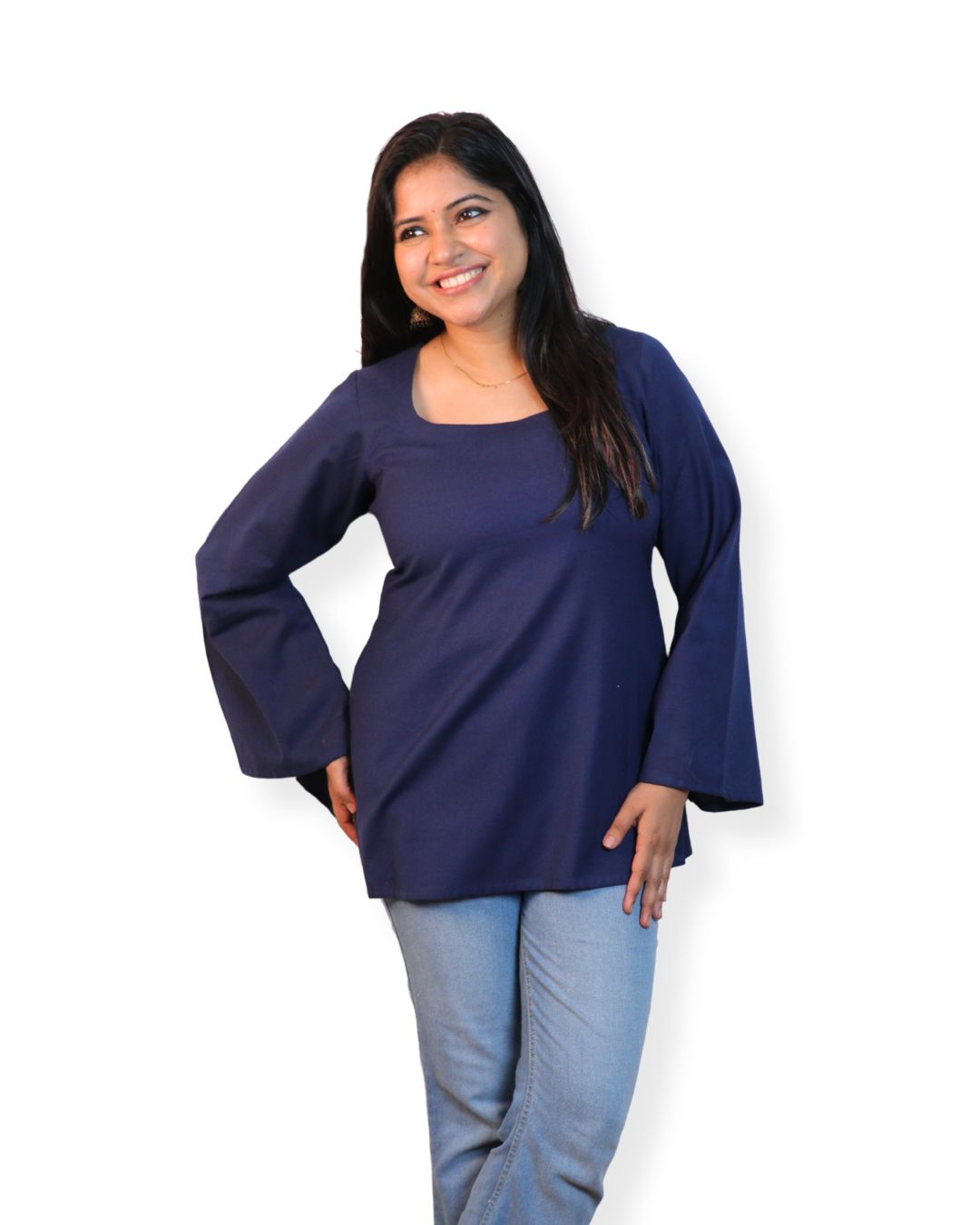 Solid Navy Blue Bell Sleeve Short Kurta