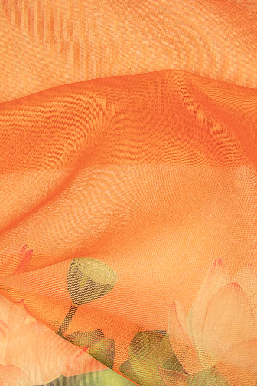 Maavish | Digital Lotus Print Poly-Linen Saree Orange