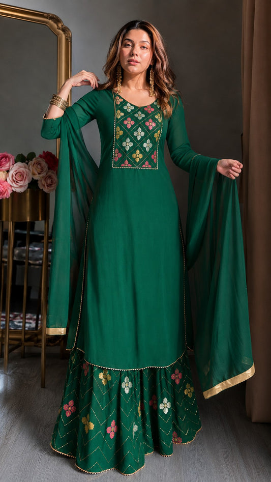 Green Straight Suit Ghara Set With Dupatta.