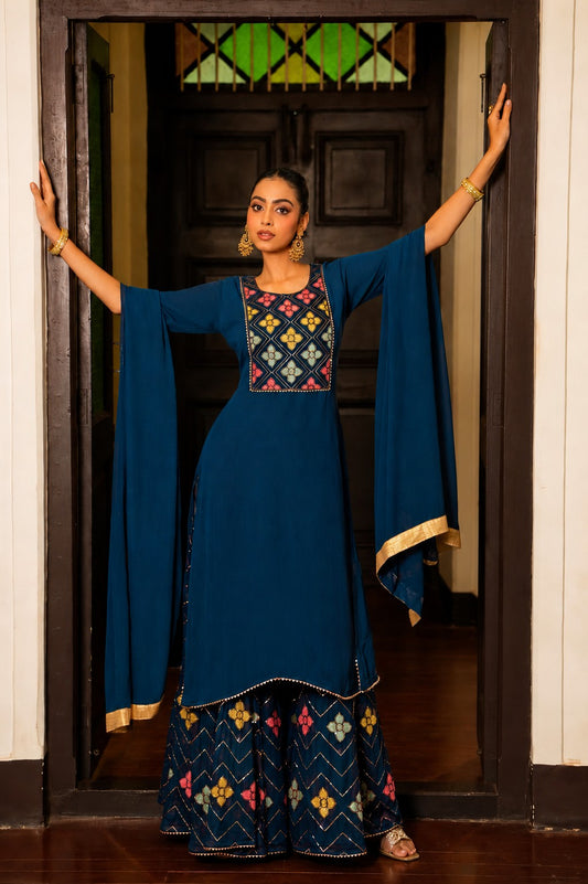 Blue Straight Suit Ghara Set With Dupatta.