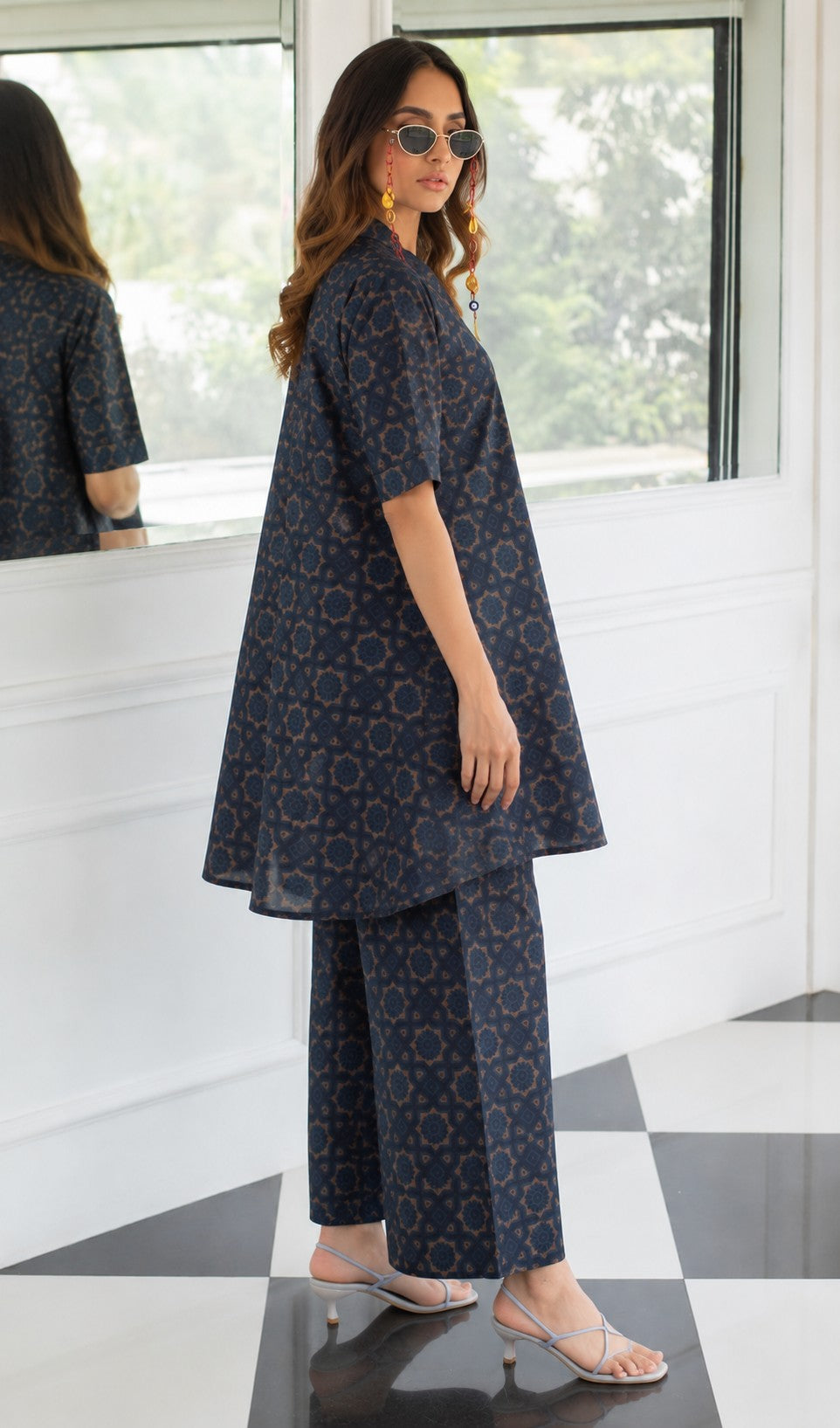 V-Neck Motif Kurta Set.