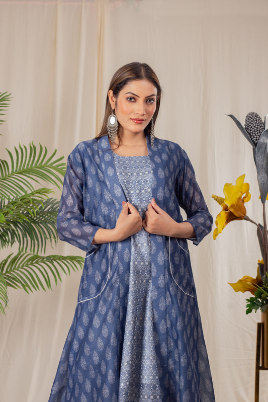 Indigo A-line Kurta Set with Koti