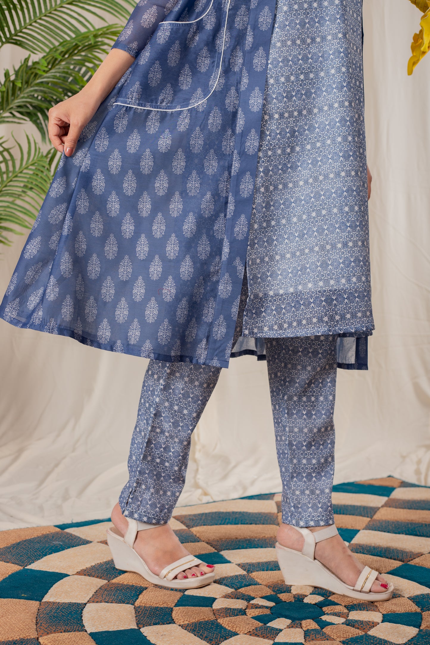 Indigo A-line Kurta Set with Koti