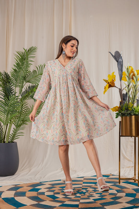 V-neck leaf print Midie Dress