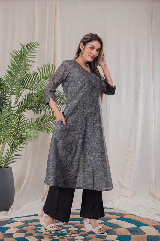 Black Paisley Print Angrakha Kurta Set