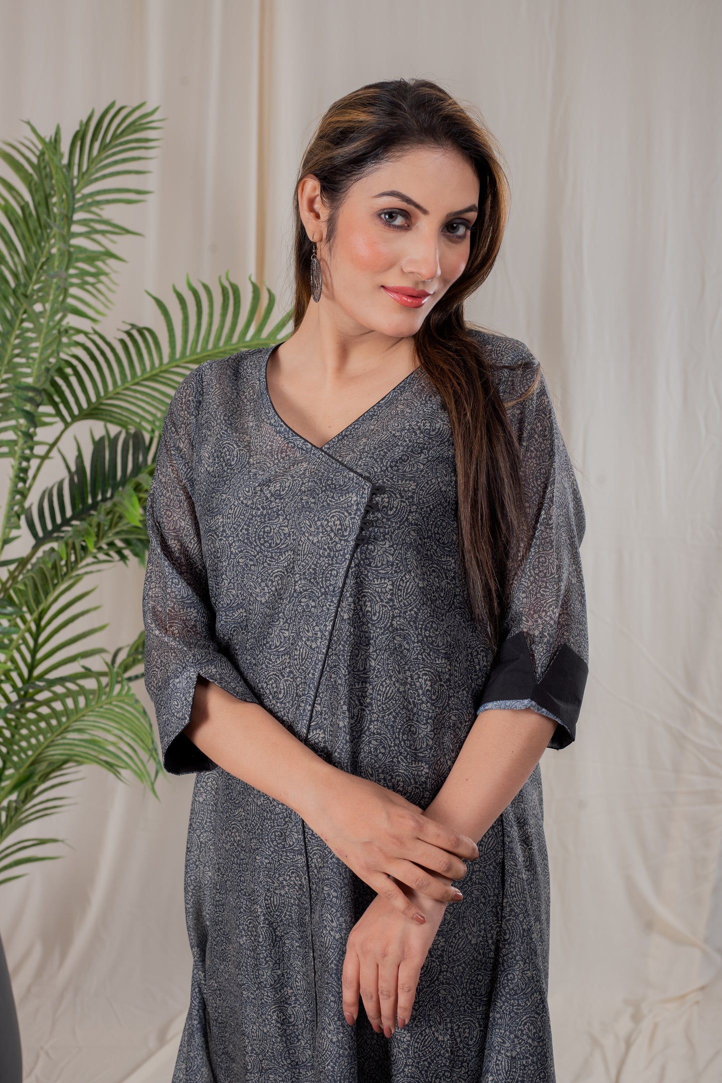 Black Paisley Print Angrakha Kurta Set