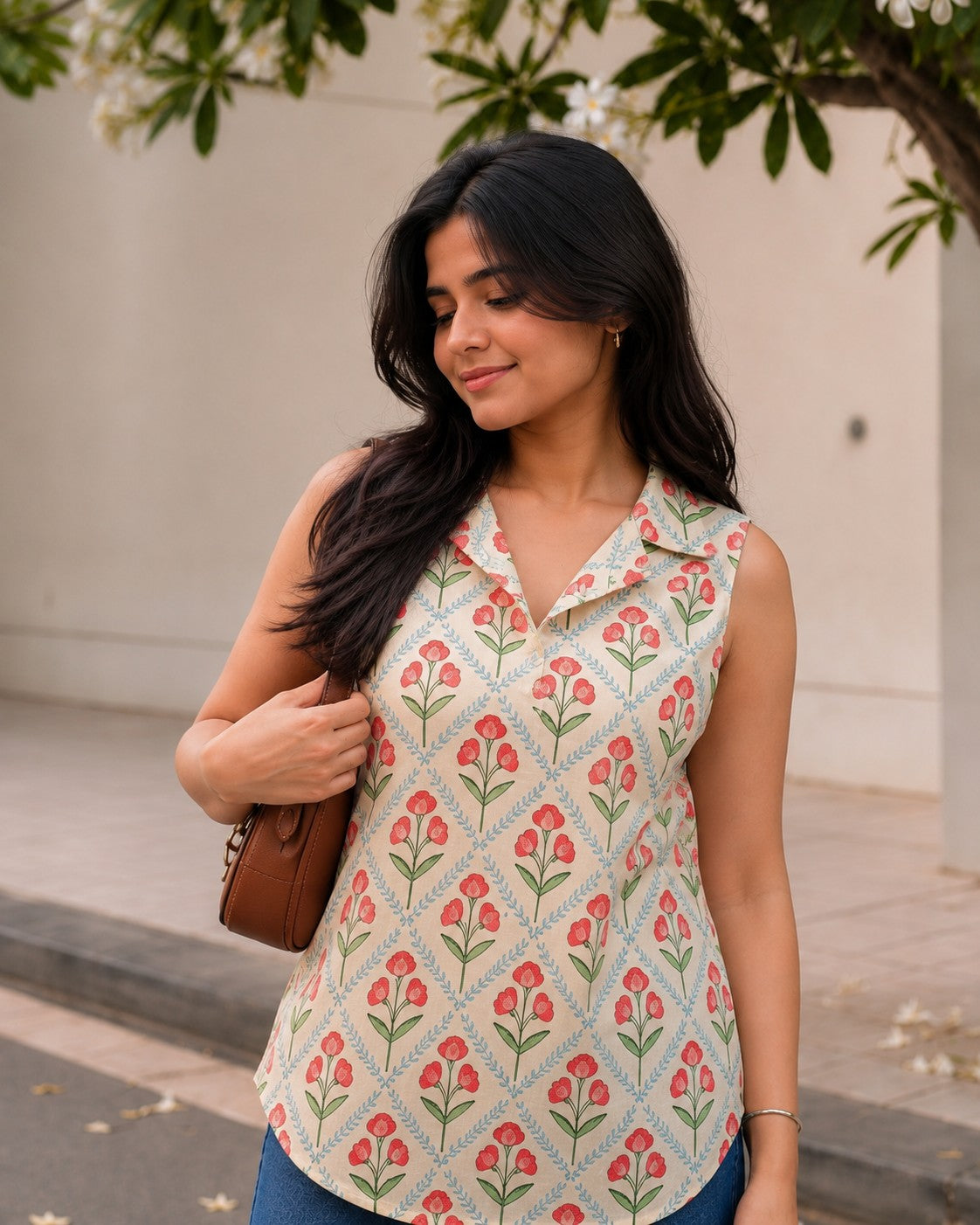 White and Red Floral Print Short Kurta Sleeveless.