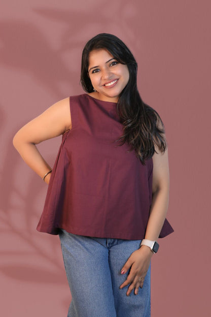 Maavish Wine Color Sleeveless Top with Side Smocking & Flared Hem Top