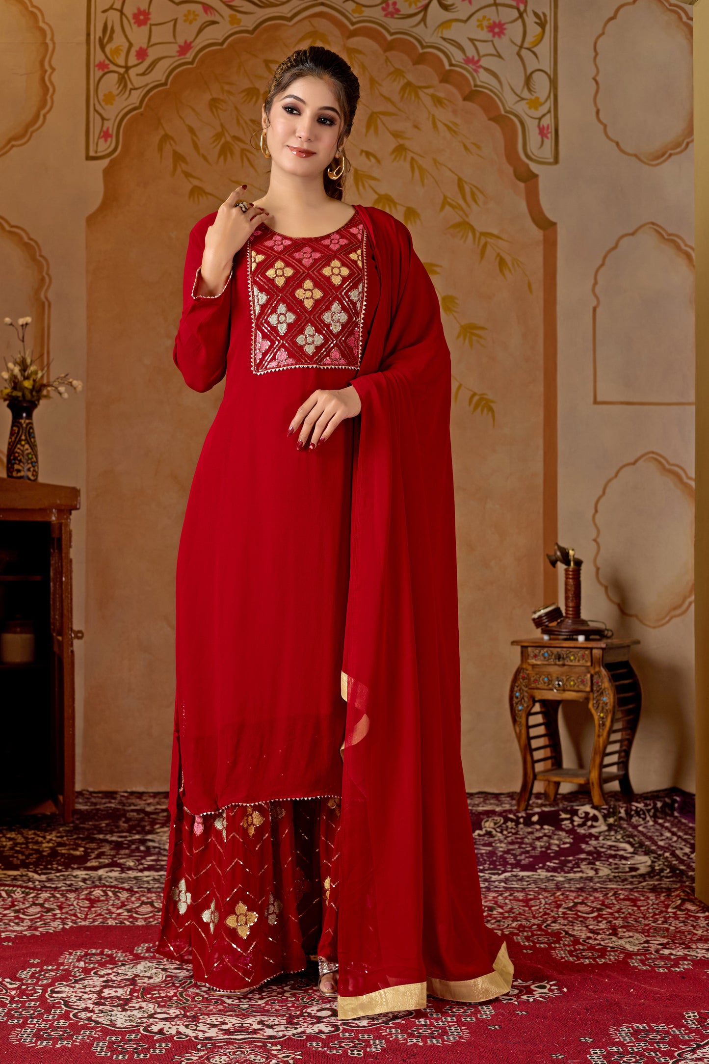 Red Straight Suit Ghara Set With Dupatta