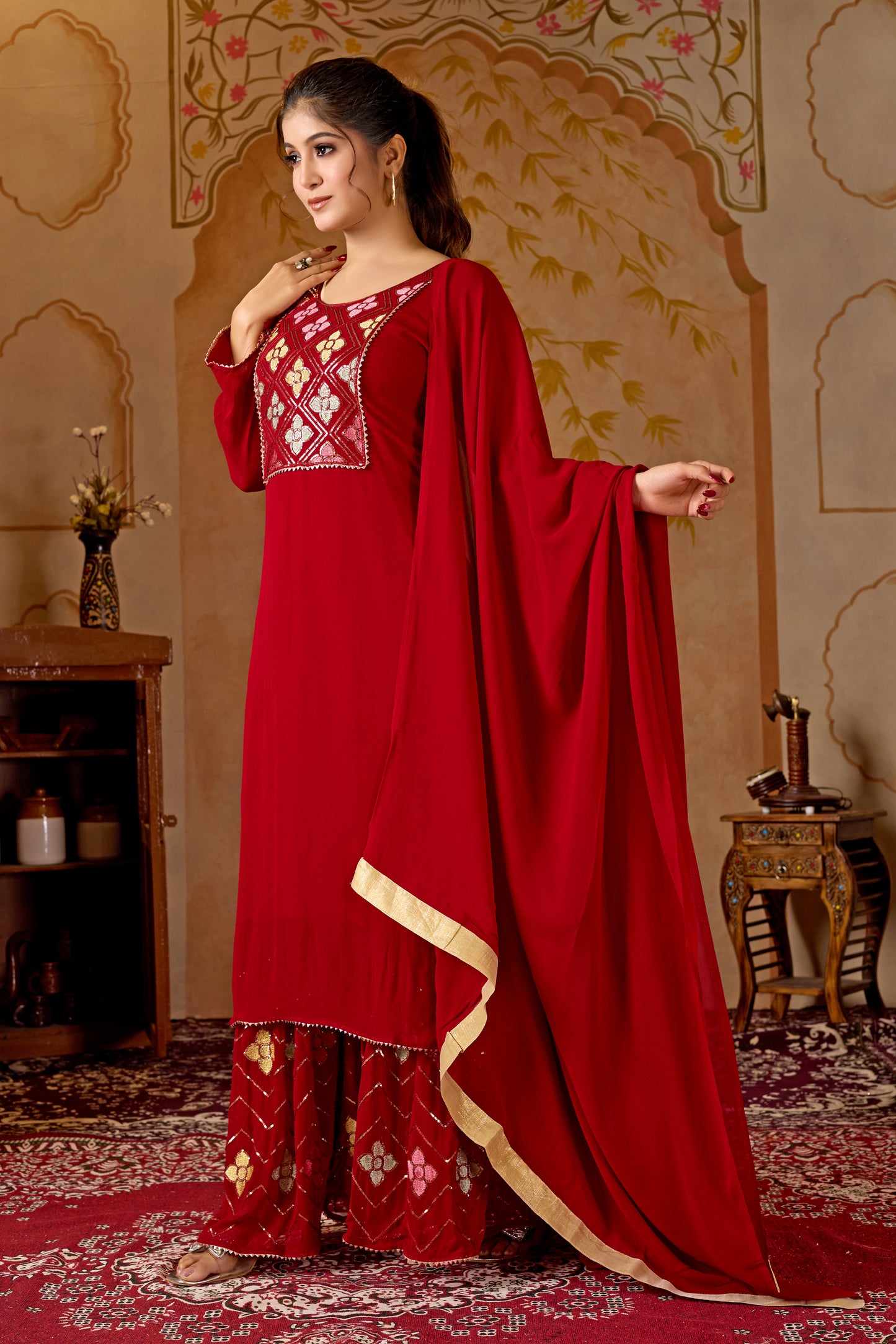 Red Straight Suit Ghara Set With Dupatta