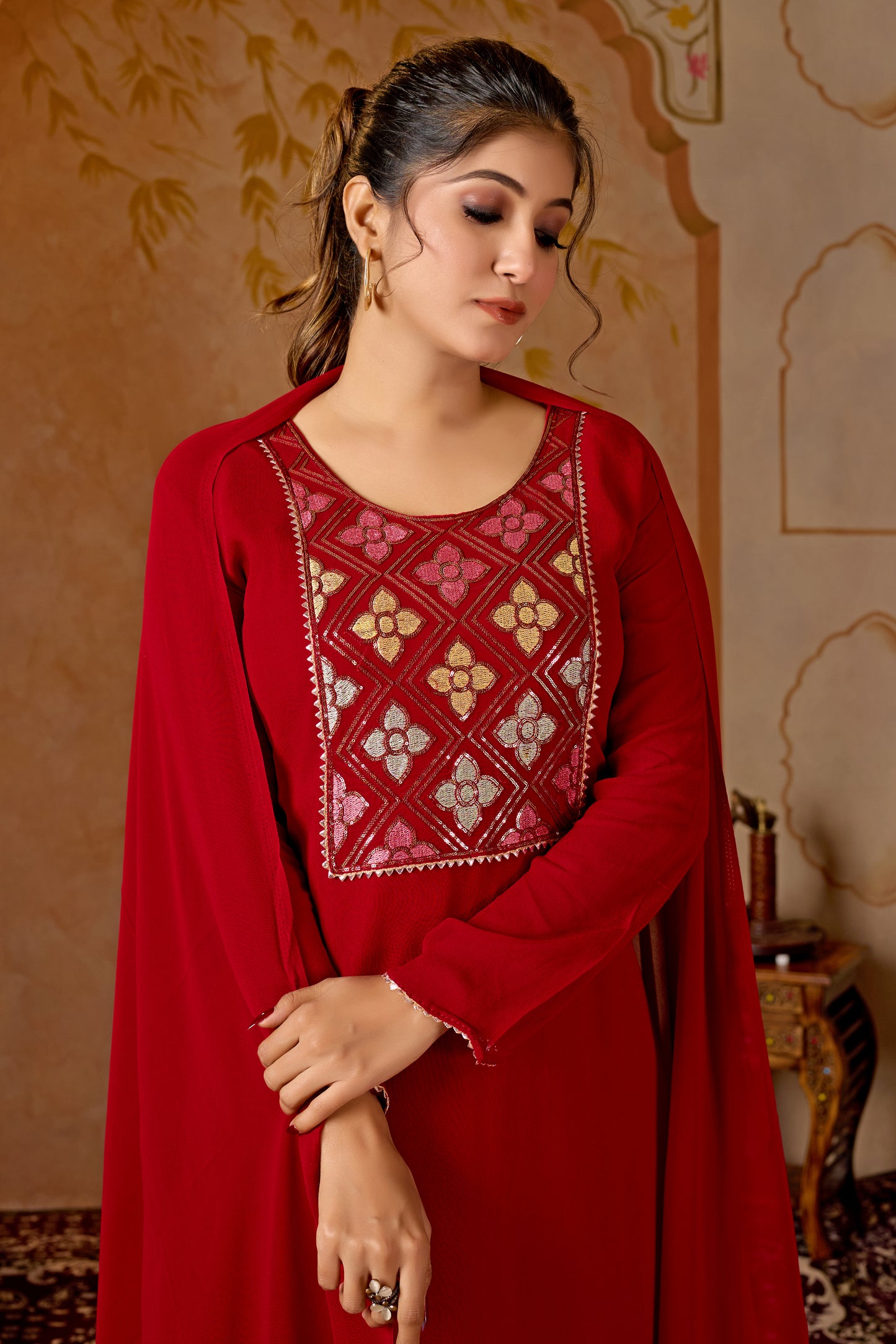 Red Straight Suit Ghara Set With Dupatta