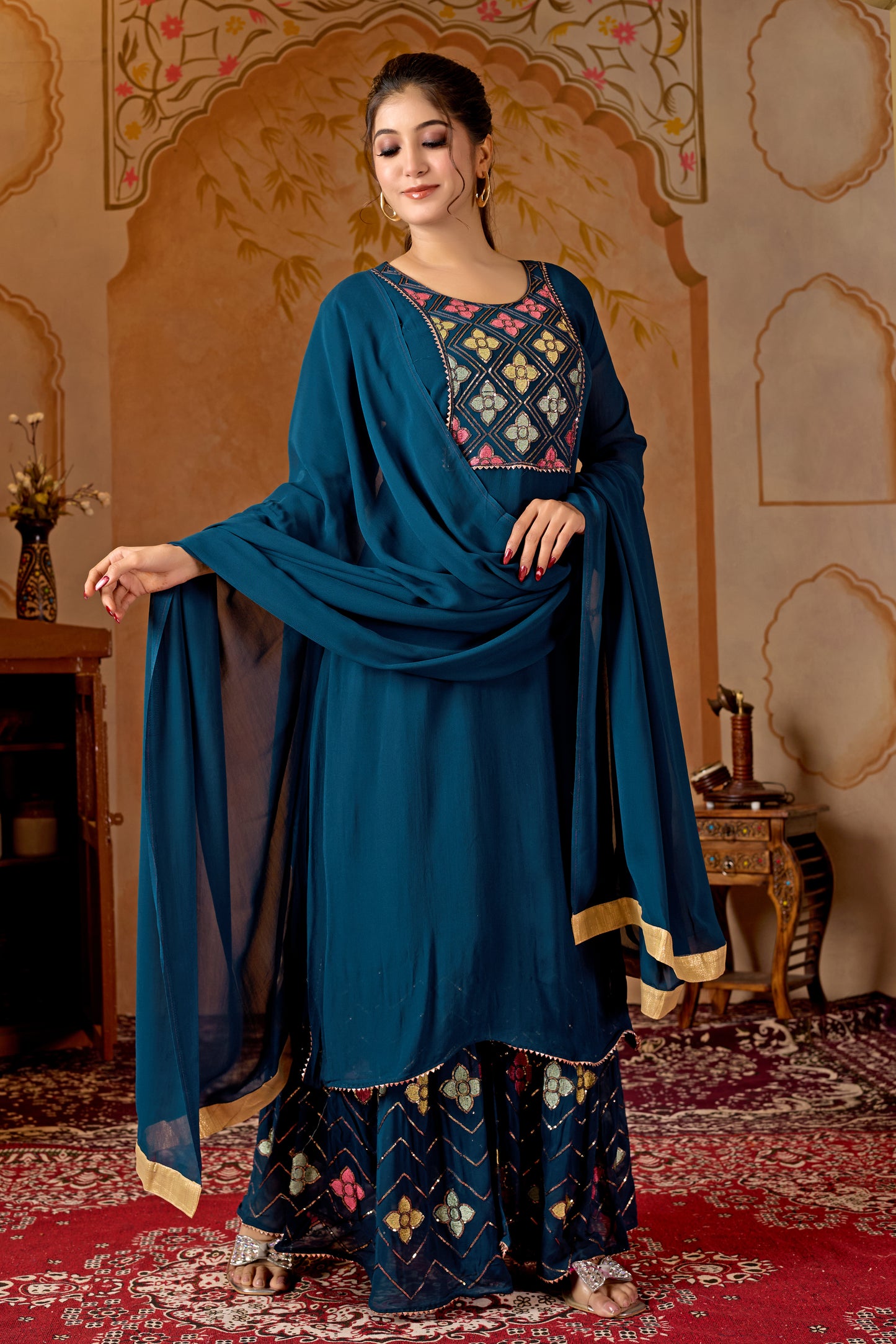 Blue Straight Suit Ghara Set With Dupatta