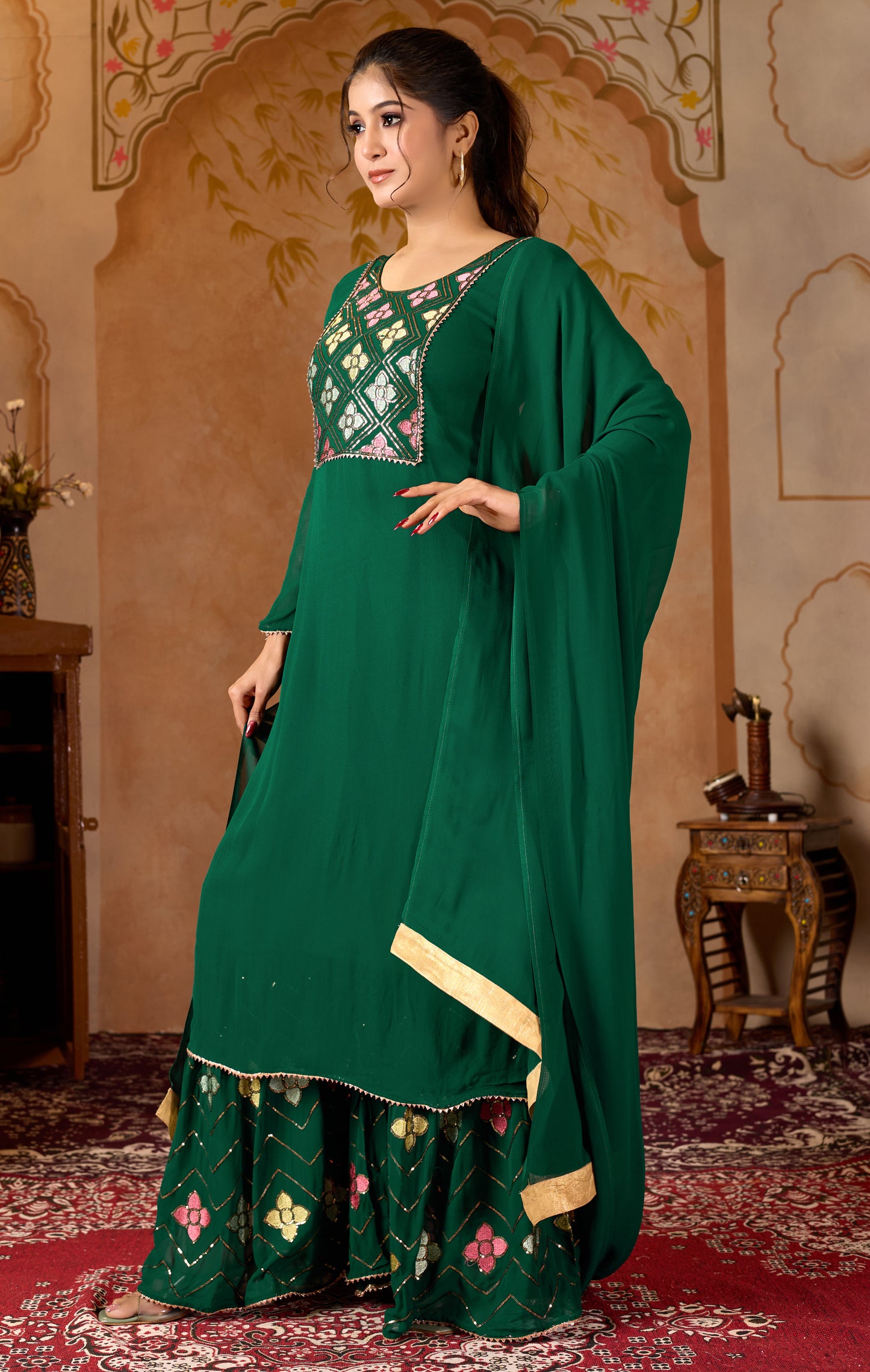 Green Straight Suit Ghara Set With Dupatta