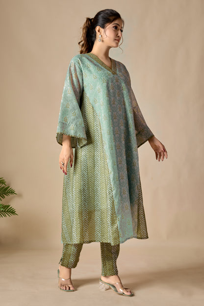 Green Kaftan Cum Kurta Set