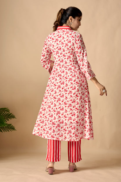 Red Pure Cotton Floral Printed A-line Kurta Set
