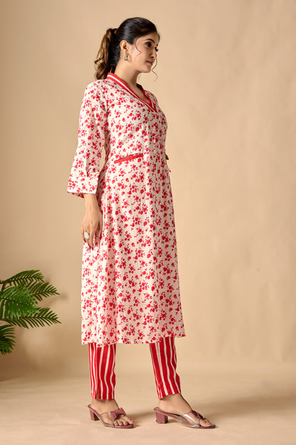 Red Pure Cotton Floral Printed A-line Kurta Set