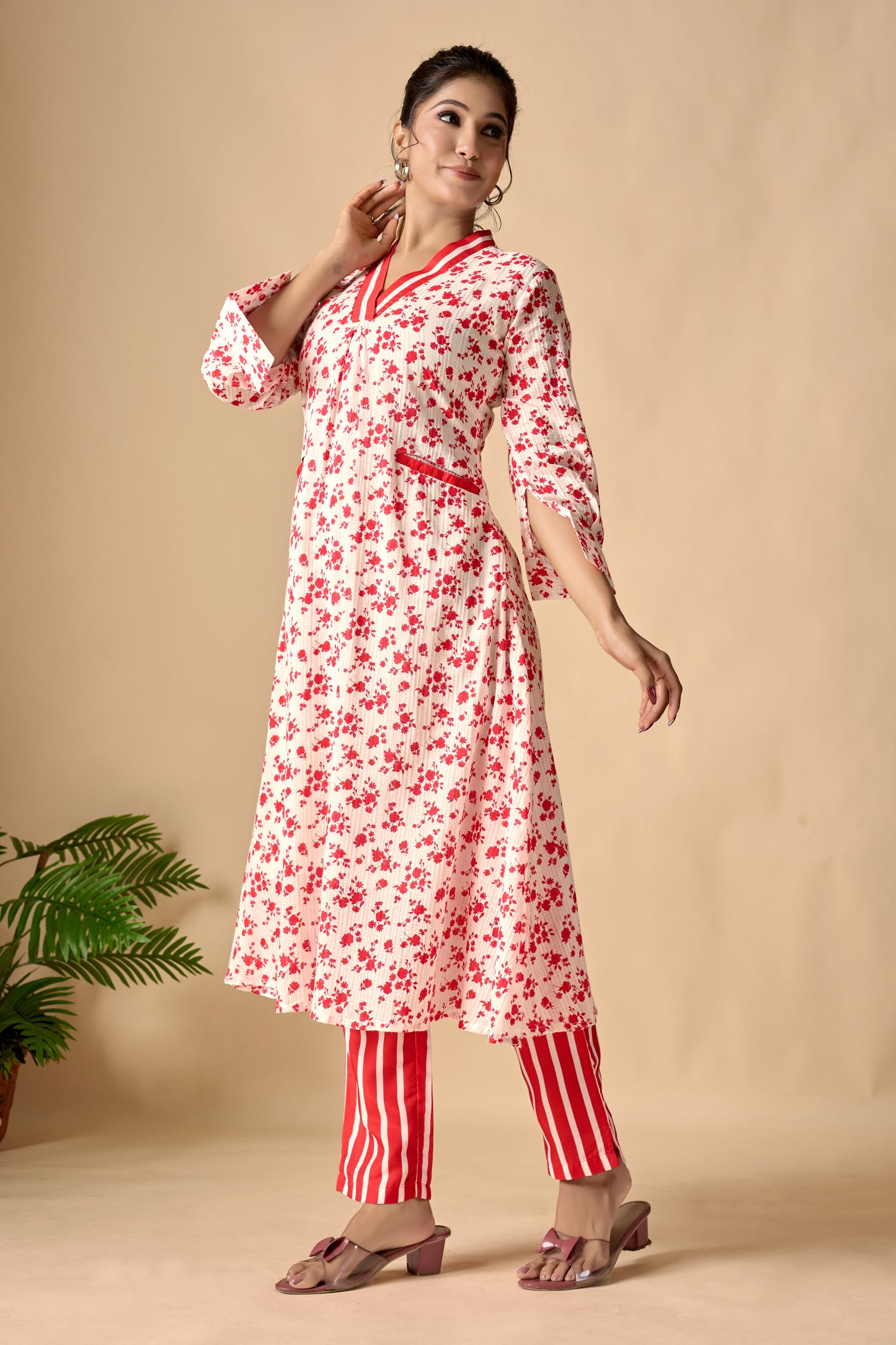 Red Pure Cotton Floral Printed A-line Kurta Set