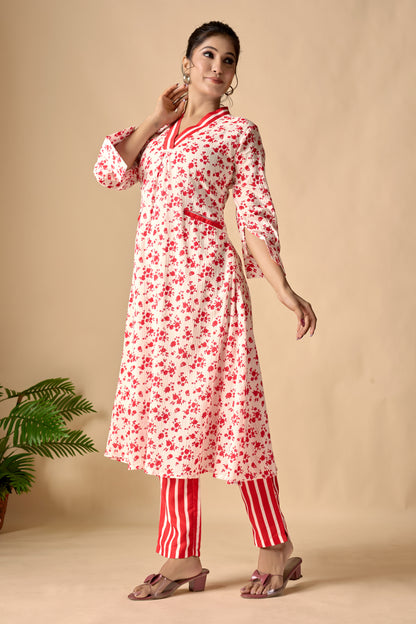 Red Pure Cotton Floral Printed A-line Kurta Set