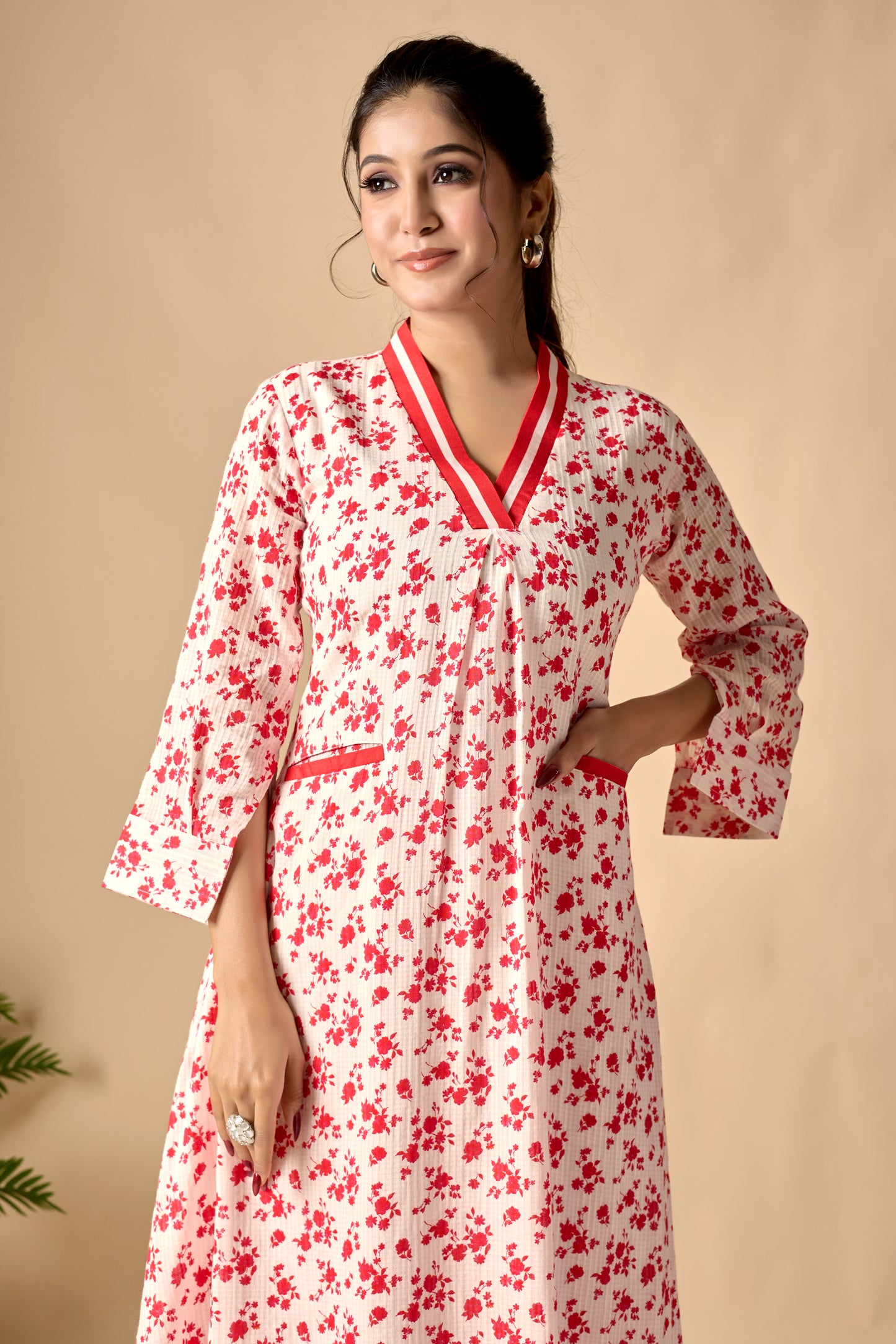 Red Pure Cotton Floral Printed A-line Kurta Set