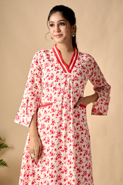 Red Pure Cotton Floral Printed A-line Kurta Set