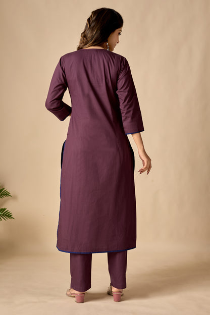 Wine Cotton Straight Kurta Set